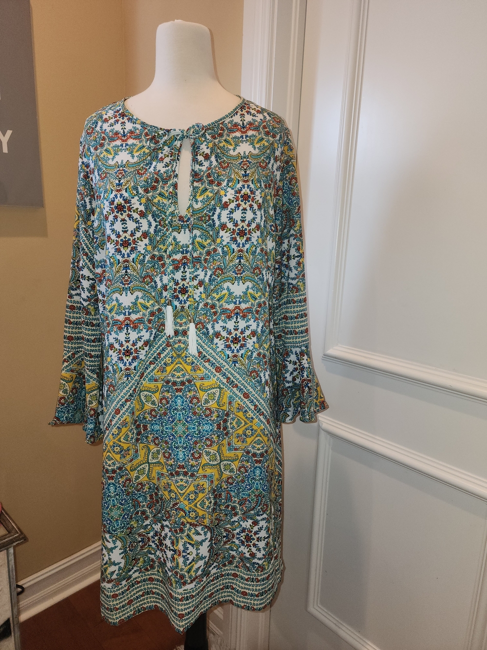 Emma & Michele Teal, Yellow and Green Boho Paisley Long Sleeve Dress